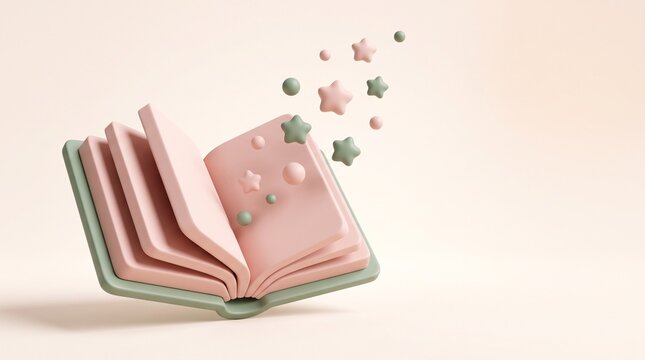 Minimalist 3D open book with floating stars and magic particles, ideal for educational storytelling and creative design projects.