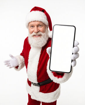 Cheerful Santa Claus pointing at a blank smartphone for Christmas shopping promotion holiday sale ecommerce advertising mobile marketing seasonal campaign and website banners