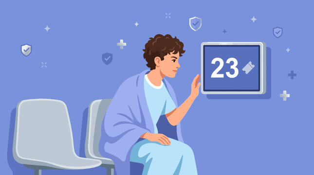 Patient awaits medical appointment, looking at queue number display