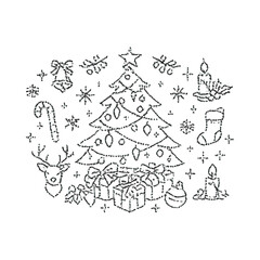 Fototapeta premium Christmas tree doodle set with ornaments and gifts, PNG transparent background