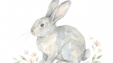 Fototapeta premium Charming watercolor bunny illustration, a cute grey rabbit with delicate pastel flowers, perfect for spring and Easter designs, children's books, and nursery decor.