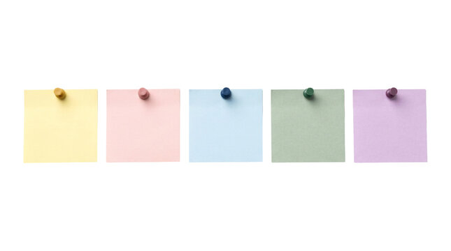 Colorful sticky notes pinned in a row, pastel adhesive memo pads on white background, office supplies for planning and reminders