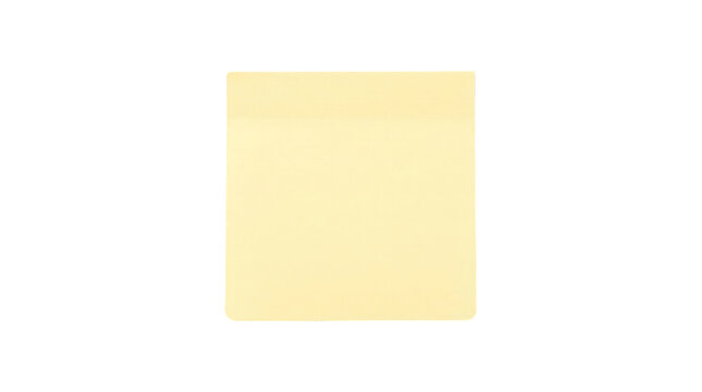 Yellow sticky note on white background, blank square adhesive paper, office stationery memo pad for reminders and planning