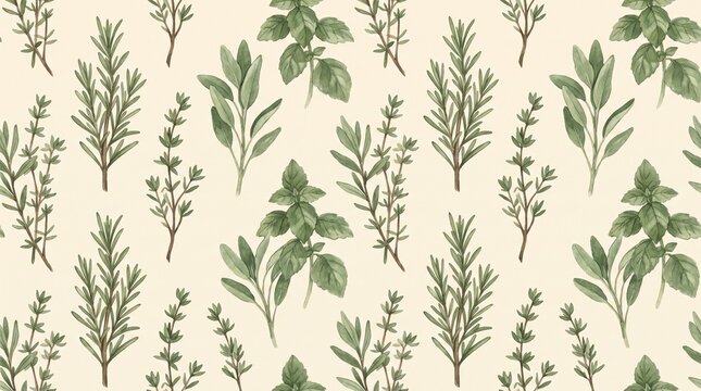 Watercolor herb pattern, a seamless botanical design featuring fresh rosemary, sage, and thyme sprigs. A natural, organic background for culinary and wellness branding.