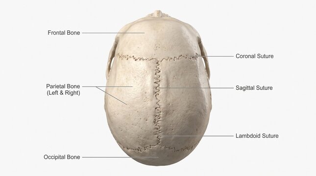 Anatomical Superior View of the Human Cranium Displaying Key Bones and Suture Lines Essential for Medical Education and Scientific Study of Skull Structure and Development.