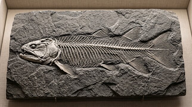 Detailed prehistoric fish skeleton fossil embedded in rough grey textured sedimentary rock displaying perfectly preserved delicate bones.