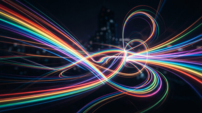 Sfondo astratto con linee di luce colorate che creano un effetto dinamico e futuristico.