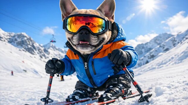 The features a pug dog standing on snow skis, dressed in a colorful jacket and goggles, set against the backdrop of a snow-covered mountain with ski lifts.
