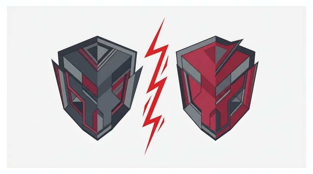 Two futuristic robotic masks facing off with a red lightning bolt icon