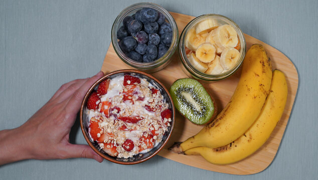 Healthy Breakfast with Yogurt, Fresh Fruit and Oatmeal