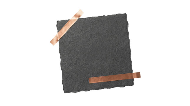 Black slate stone tile with copper adhesive tape, textured dark rock coaster mockup, minimalist square stone plaque on white background