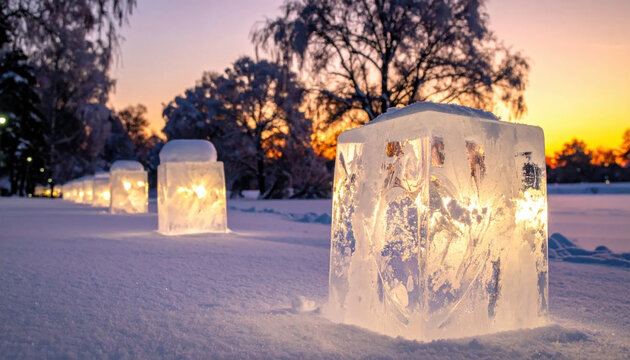 Ice lantern winter snow scene with glowing ice lanterns at sunset, creating serene outdoor holiday display in snowy park with warm evening light Christmas Concept