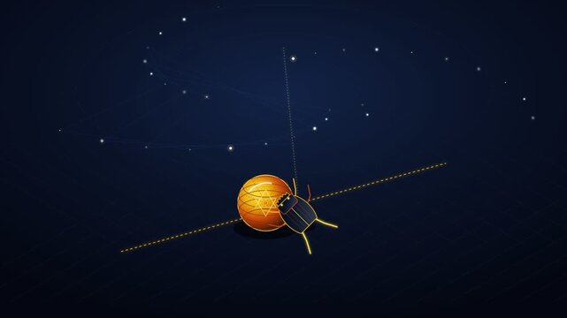 Satellite exploring deep space with glowing stars and distant planets