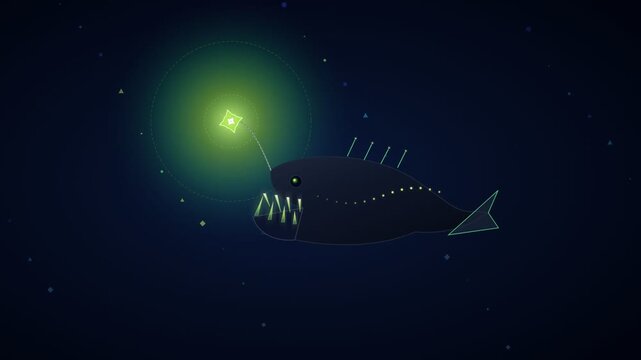Cute glowing anglerfish swimming in the dark deep ocean