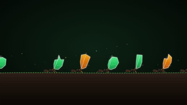 Hardworking ants carrying green and orange geometric leaves in a line