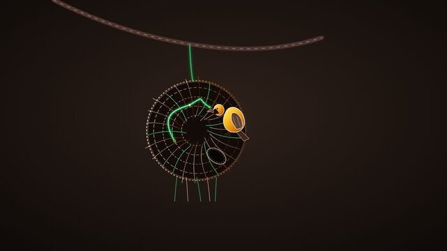 Abstract minimalist vector illustration of a hanging insect or spider on a dark background