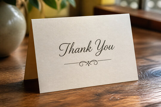 A blank thank you card with elegant script resting on a wooden table indoors.
