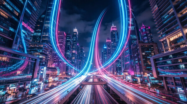 Veduta notturna di una metropoli moderna con scie luminose colorate che attraversano il centro urbano.