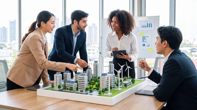Diverse business team discussing sustainable city model with solar buildings and wind turbines. Urban planning, renewable energy investment, green architecture, and future development concept.