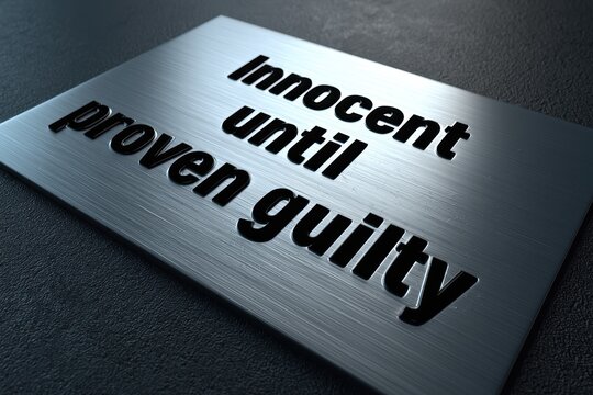 3D render of a brushed steel plaque with embossed text reading 'Innocent until proven guilty' under dramatic lighting