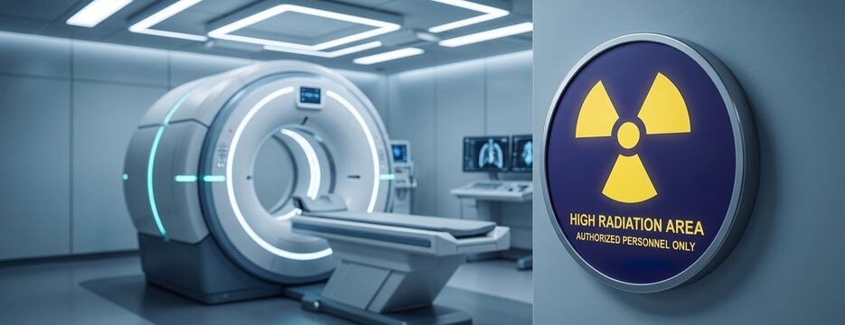 Modern Radiology Room with CT Scanner and Radiation Warning Sign