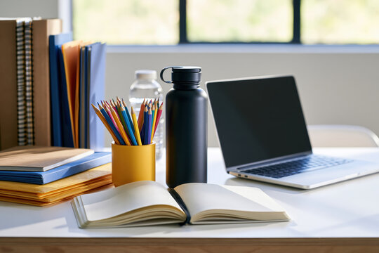 Student desk organization back to school workspace, open notebook, laptop, pencil holder, water bottle, folder, tidy study table near bright window
