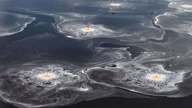 Aerial view of circular aerators in wastewater treatment ponds at Georgia-Pacific Palatka Operations in Palatka, Florida, United States.