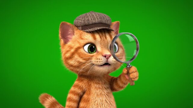 Ginger kitten detective with magnifying glass on green background