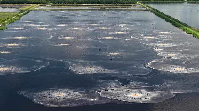 Aerial view of Georgia-Pacific Palatka Operations wastewater treatment pond with multiple aerators creating circular patterns in the water in Palatka, Florida, United States.