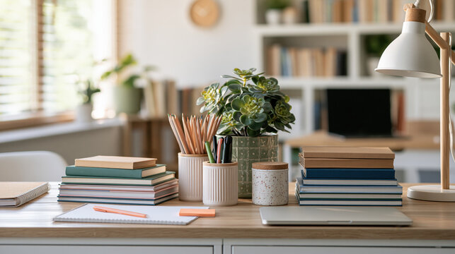 Student desk organization book pencil plant lamp notebook office study workspace with tidy school supply calm home interior shelf computer window light