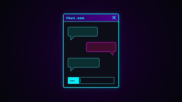 Retro Neon Chat Window Animation with Message Bubbles and Cyberpunk Style UI on Dark Background