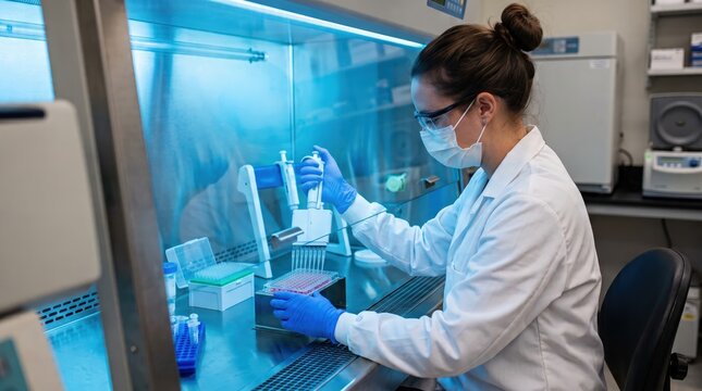 Scientist in Laboratory Conducting Experiment with Pipette and Clear Sample Under Sterile Conditions