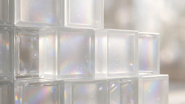 Frosted glass blocks background translucent white rainbow refraction minimal luxury