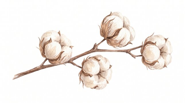 Delicate cotton branch illustration, soft white cotton bolls on a natural brown stem, elegant botanical watercolor artwork, organic textile design element for natural product branding