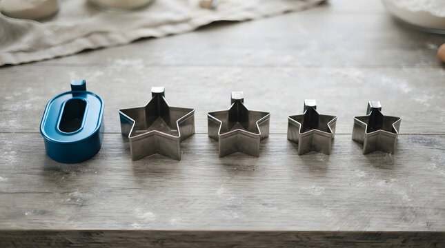 Metal star cookie cutters with blue oval frame arranged in row for holiday baking projects on wooden table.