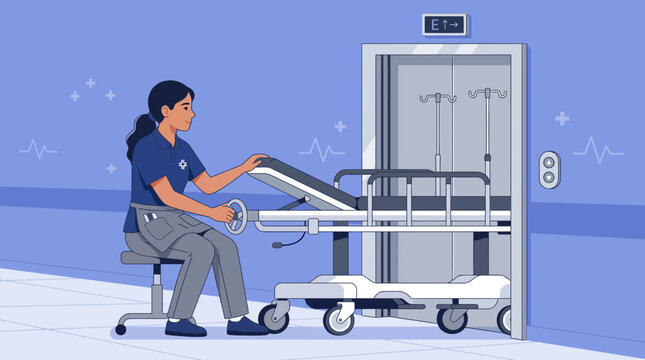 Nurse pushing hospital gurney into elevator, medical care concept