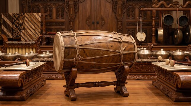 Traditional Javanese Gamelan set featuring a carved wooden Kendhang drum used for ethnic music performances and cultural ceremonies.