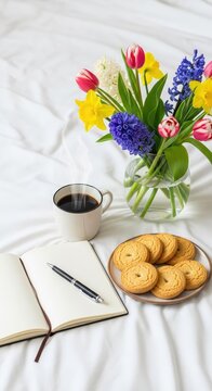 A cozy morning setup on a white bed featuring a warm cup of coffee, an open notebook, sweet cookies, and fresh spring flowers in a vase, lifestyle, hobby, flat lay