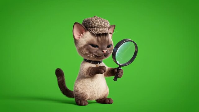 Siamese kitten detective holding magnifying glass on green screen