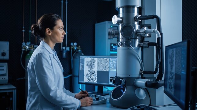 Female Scientist Examining Samples with Electron Microscope in Modern Research Laboratory