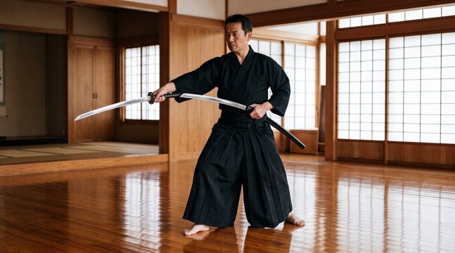 Japanese martial arts master in black hakama practicing iaido with a katana in a traditional dojo for cultural and sports projects.