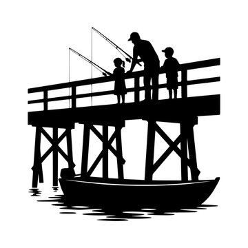 Family fishing silhouettes pier platform vector illustration