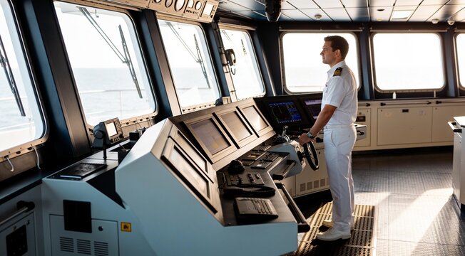 Ship Captain Navigating Modern Vessel from Command Bridge on World Maritime Day