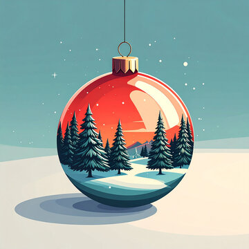 Isometric Red Bauble with Winter Forest Illustration Inside