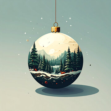 Isometric Christmas Bauble with Snowy Forest Scene Inside