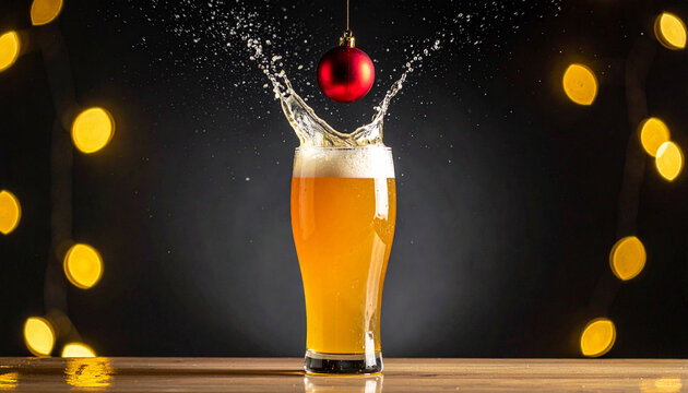 Beer Glass Splash with Red Bauble and Warm Bokeh Lights