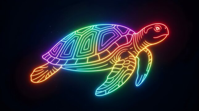Swimming rainbow glowing neon sea turtle floating against dark background with swimming