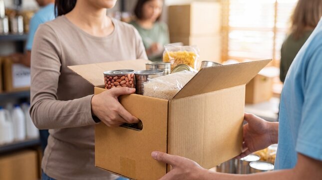 Woman and man carrying a cardboard box filled with donated food in a community pantry. Volunteer support, charity, food bank, and social aid concept.
