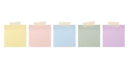 Pastel sticky notes with masking tape, colorful adhesive paper memo set, blank square reminder pads on white background © Graphics Stock