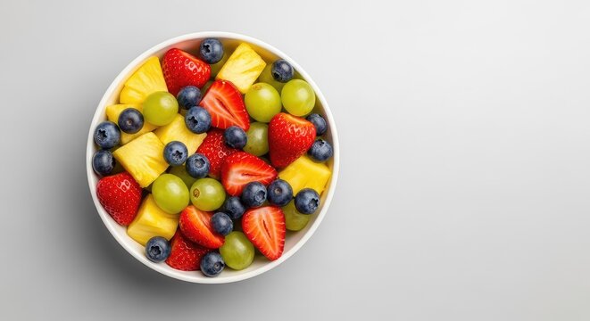 A top-down view of a white ceramic bowl filled with colorful chunks of fresh pineapple, sliced strawberries, blueberries, and green grapes, vegan, sweet, background